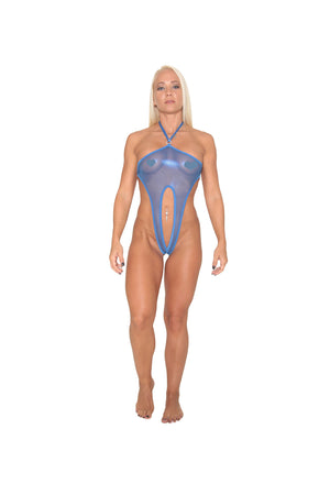 Blue Metallic Sheer Mesh Monokini  Stripper Clothing