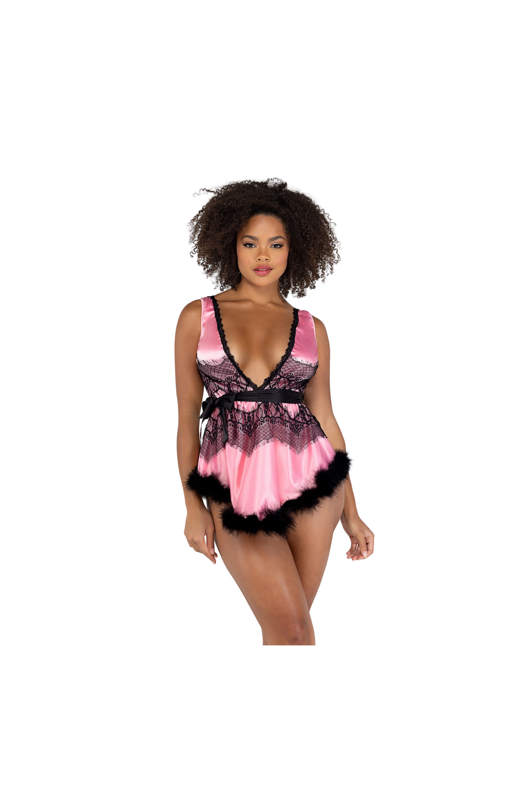 NEW 2PC Pink Black Satin & Lace Babydoll with Tie 