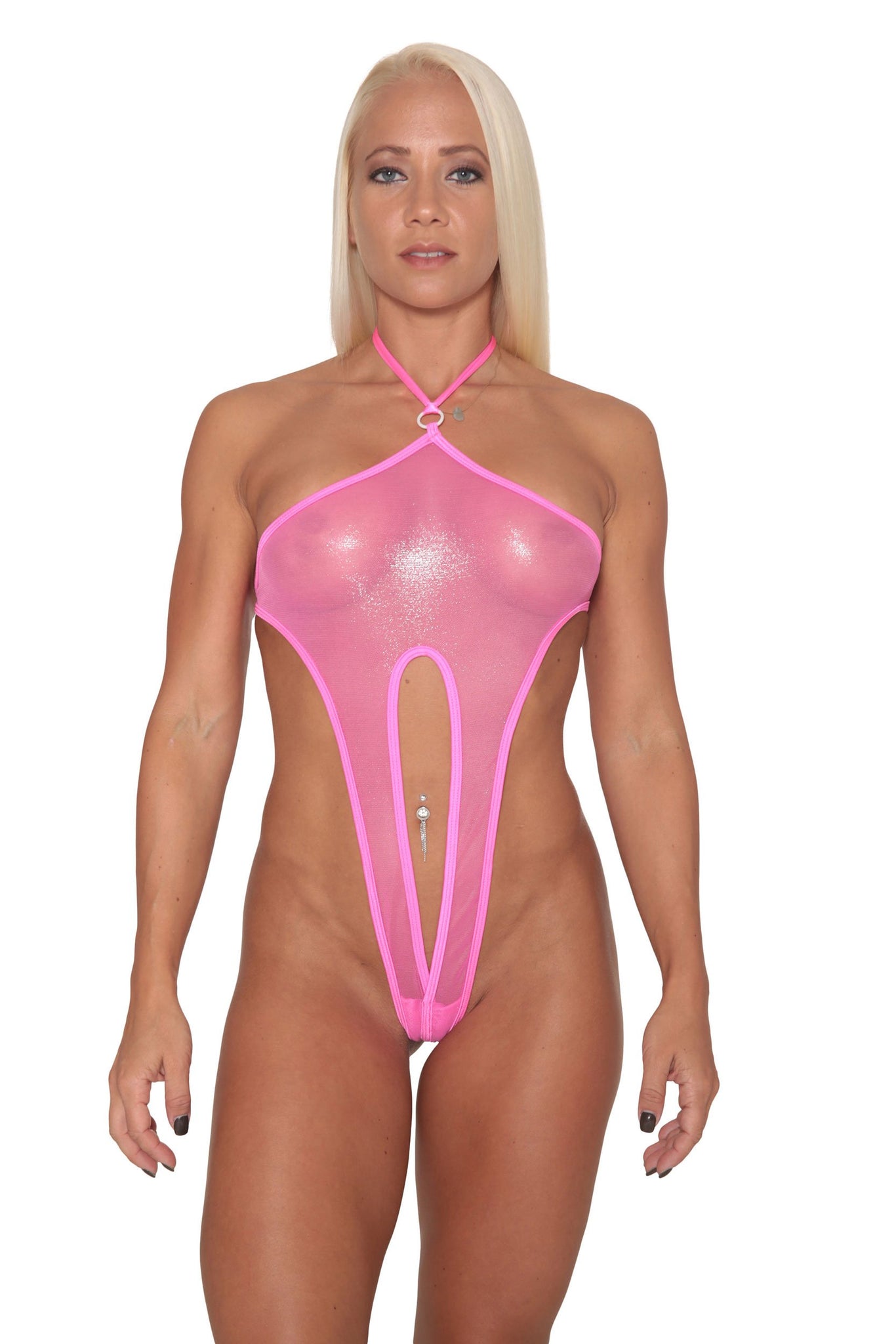Pink Metallic Sheer Mesh Monokini Stripper Clothing