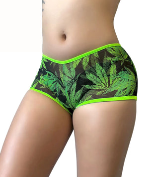 Weed Marijuana Print Mesh Booty Shorts