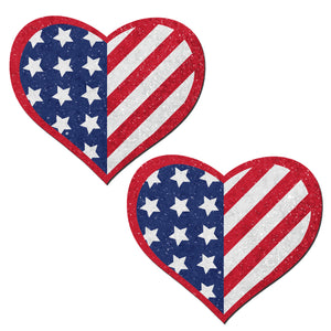 Glittering Patriotic USA Red, White & Blue Beating Heart Nipple Pasties