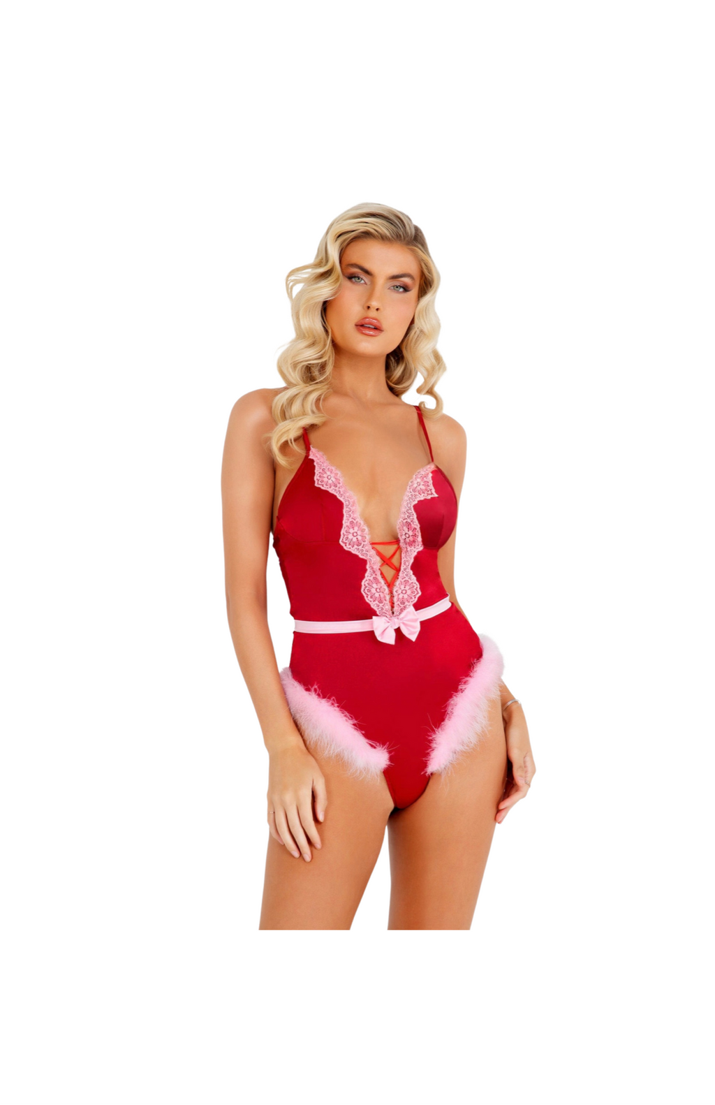 NEW 1pc Marabou Satin Teddy with Bow Detail