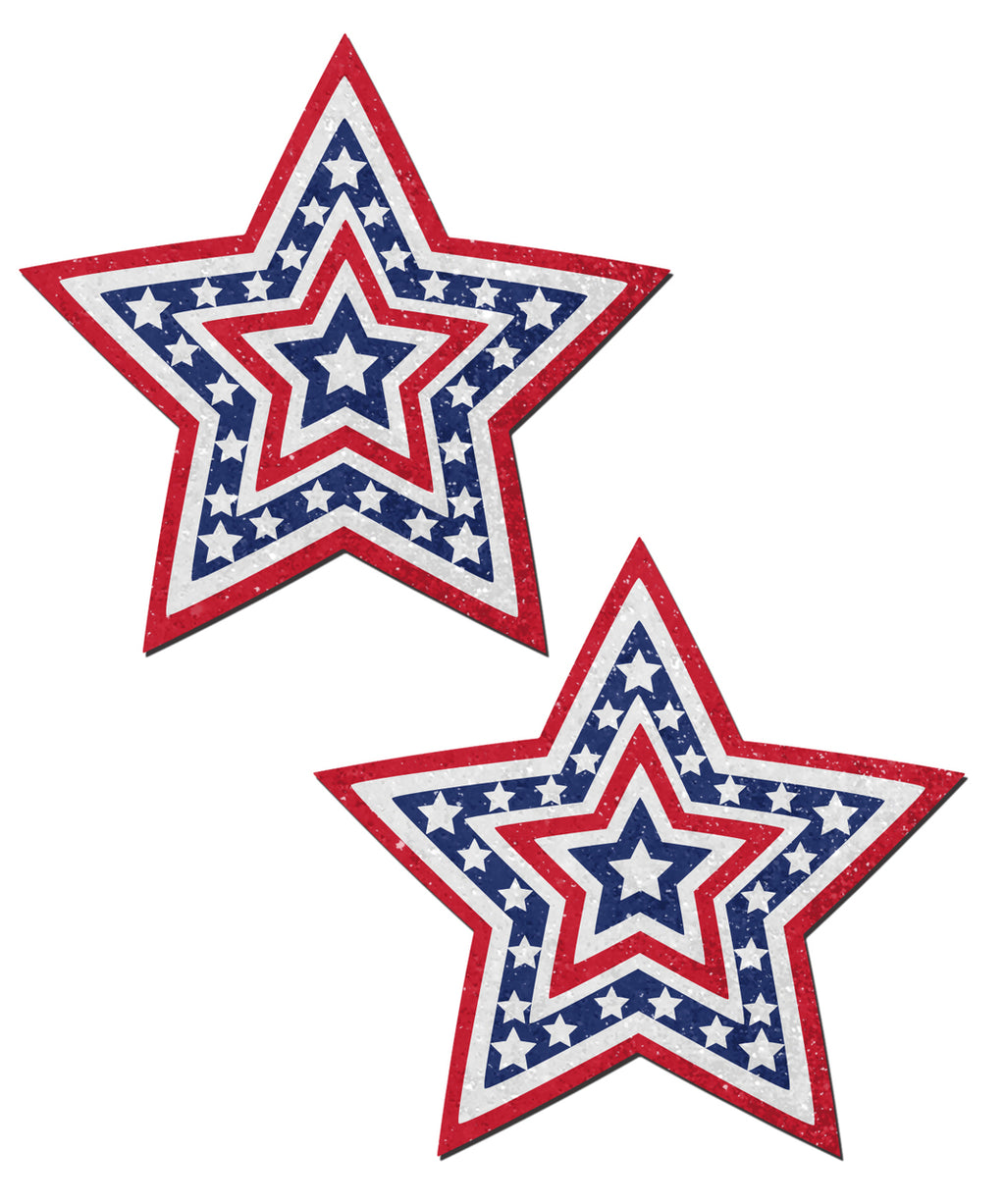 Glittering Patriotic USA Red, White & Blue Beating Star Nipple Pasties